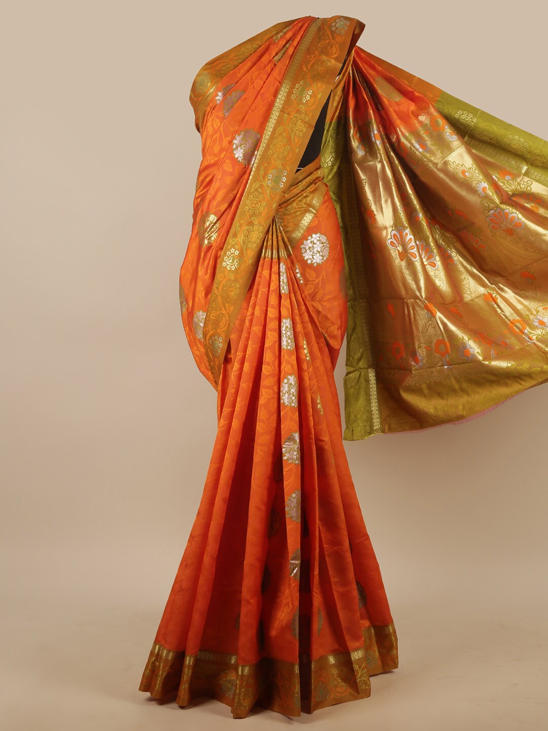 

Pothys Women Orange & Gold-Toned Ethnic Motifs Woven Design Zari Art Silk Saree