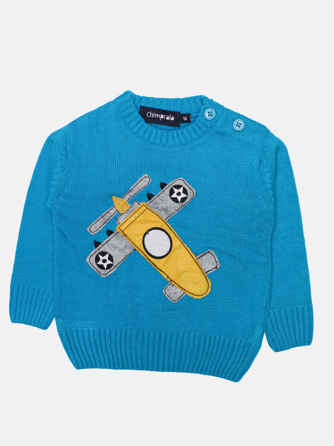 

CHIMPRALA Boys Blue & Yellow Printed Woolen Pullover with Applique Detail
