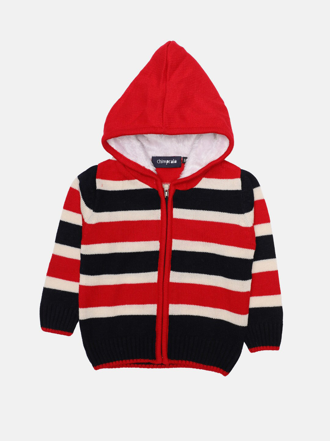 

CHIMPRALA Boys Red & Black Striped Hooded Wool Front-Open