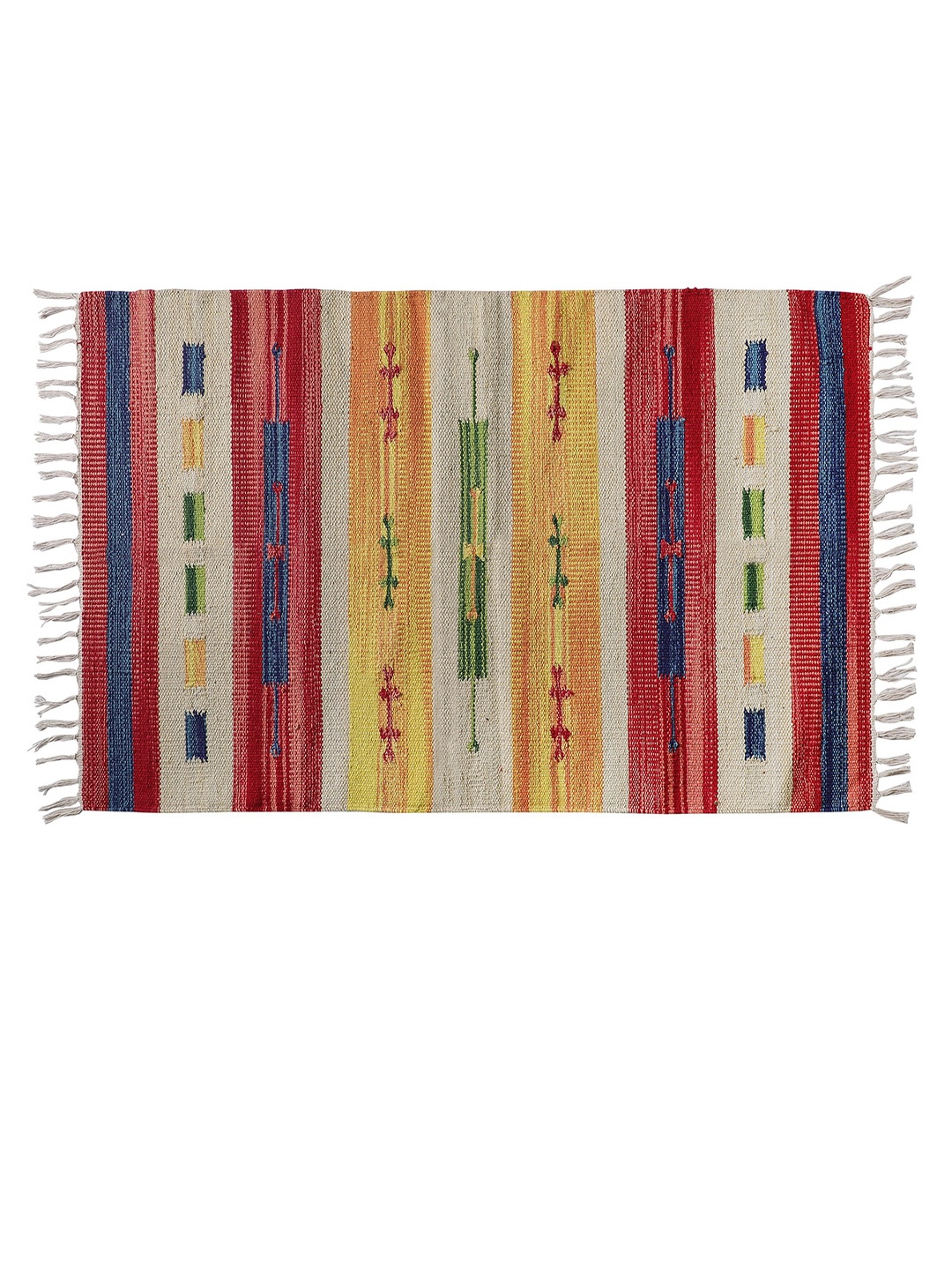 

SANDED EDGE Multicoloured Striped Cotton Kilim Dhurrie, Yellow