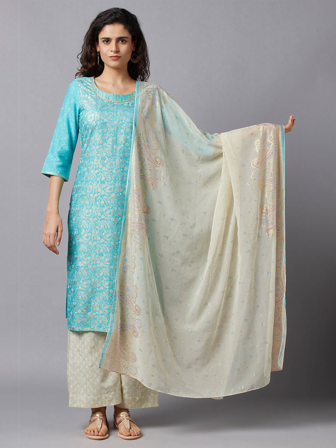 

AURELIA Off-White & Blue Paisley Printed Dupatta
