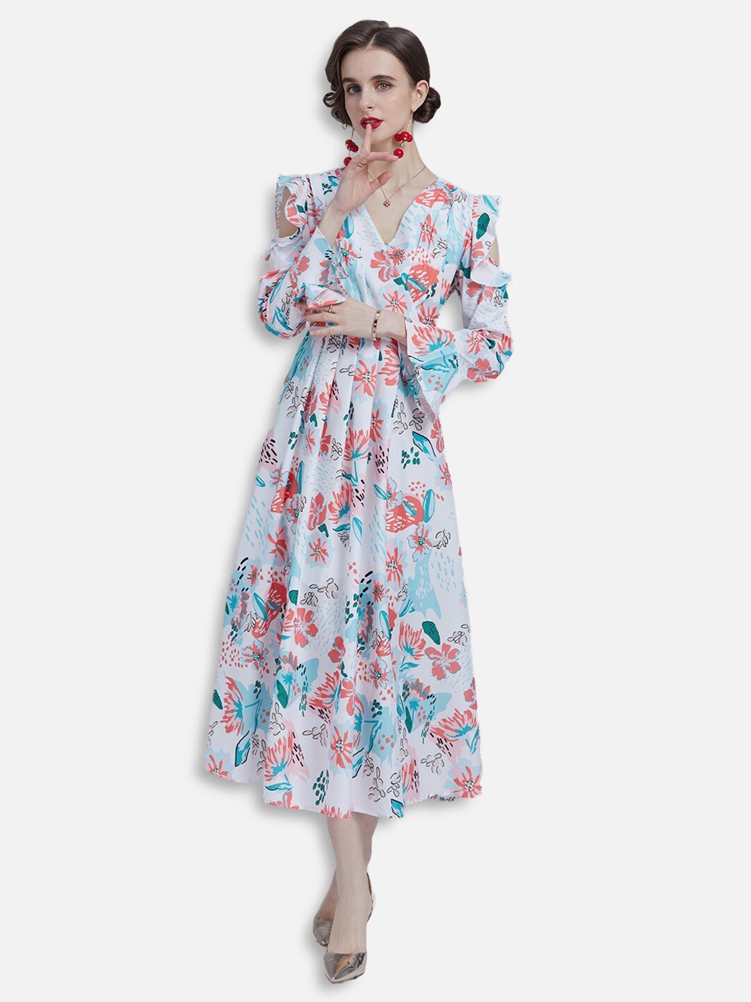 

JC Collection White & Blue Floral A-Line Midi Dress
