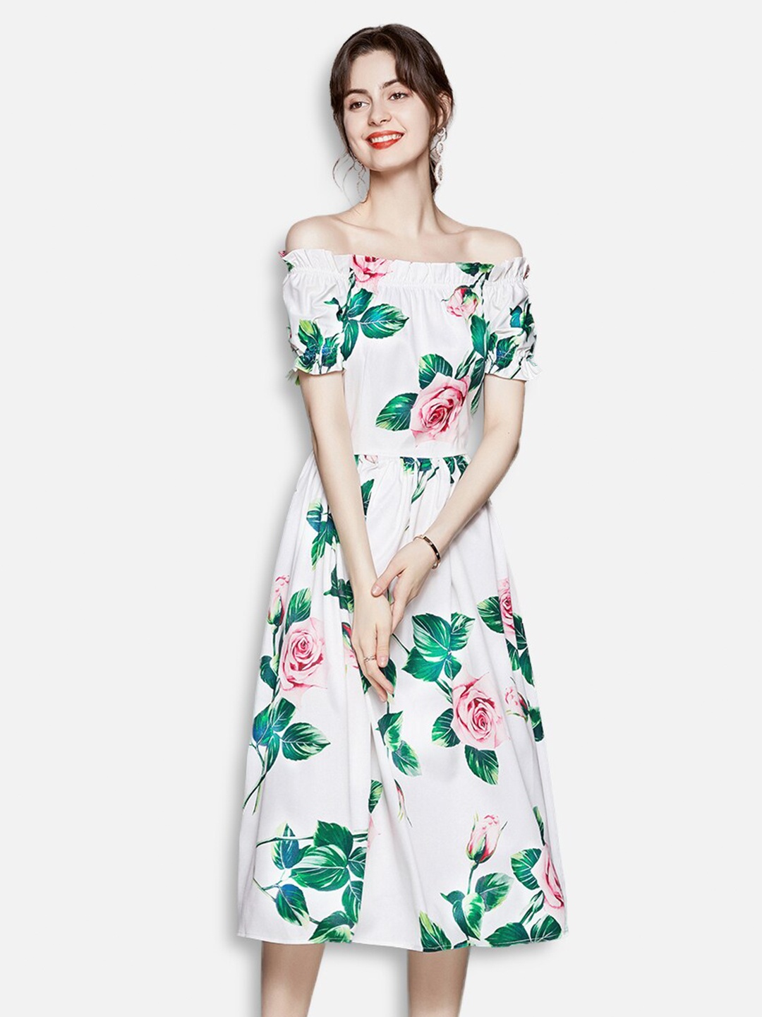 

JC Collection White & Green Floral Off-Shoulder Midi Dress