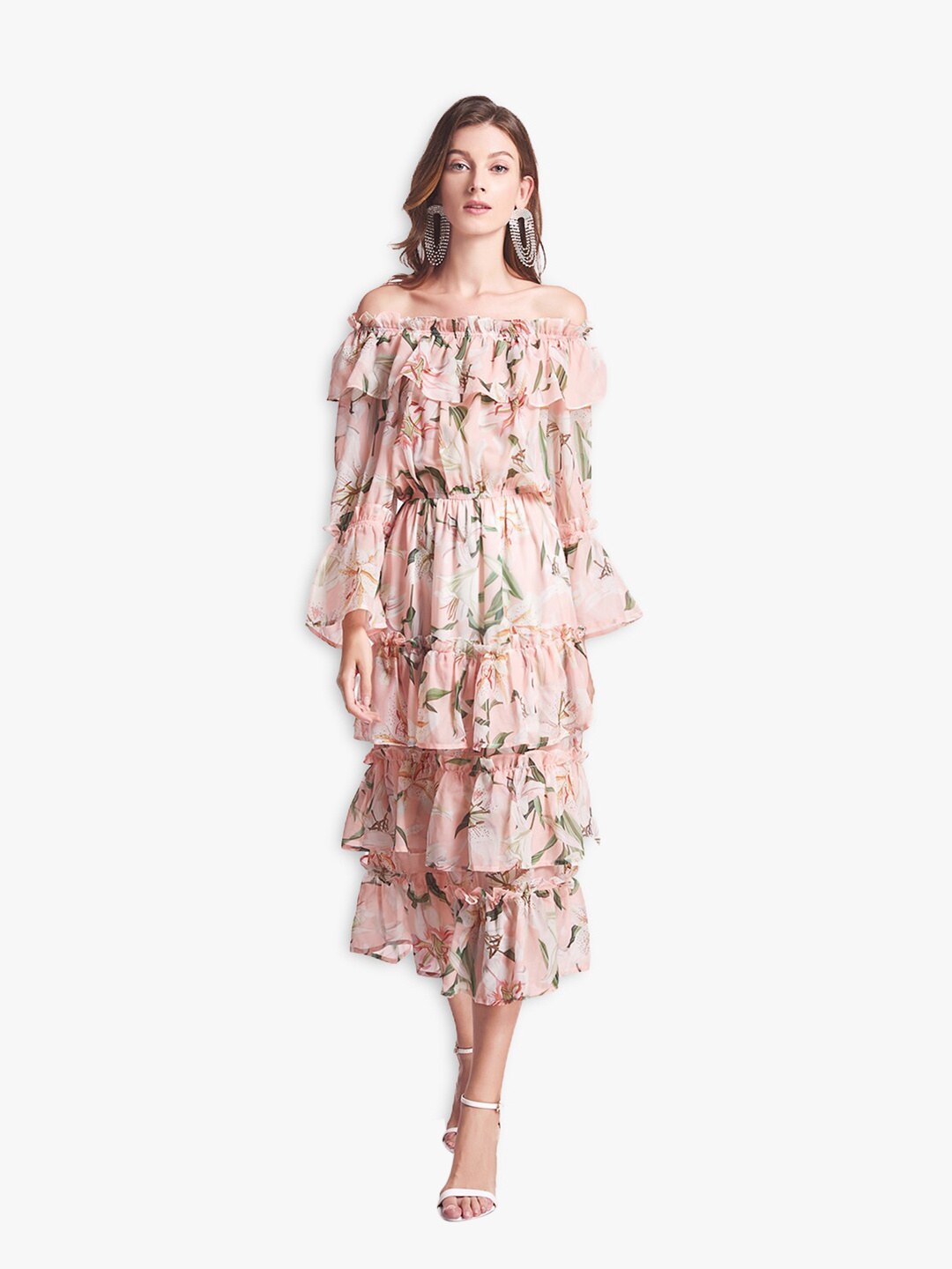 

JC Collection Pink Floral Tiered Midi Dress