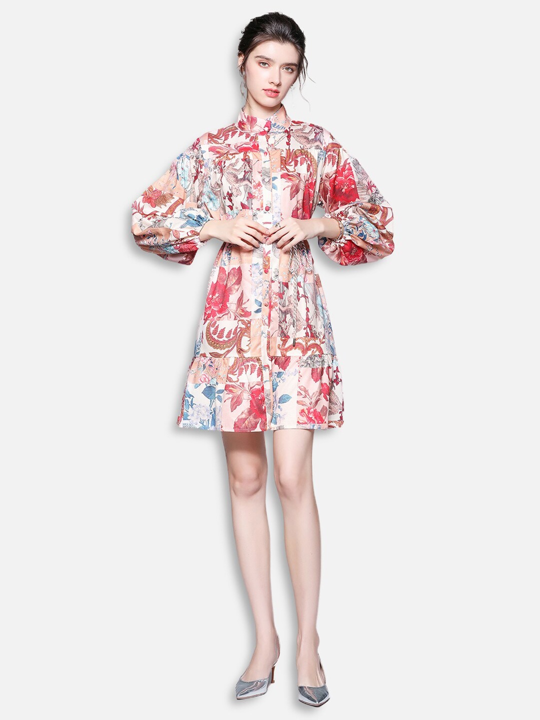 

JC Collection White & Peach-Coloured Floral Mini Dress