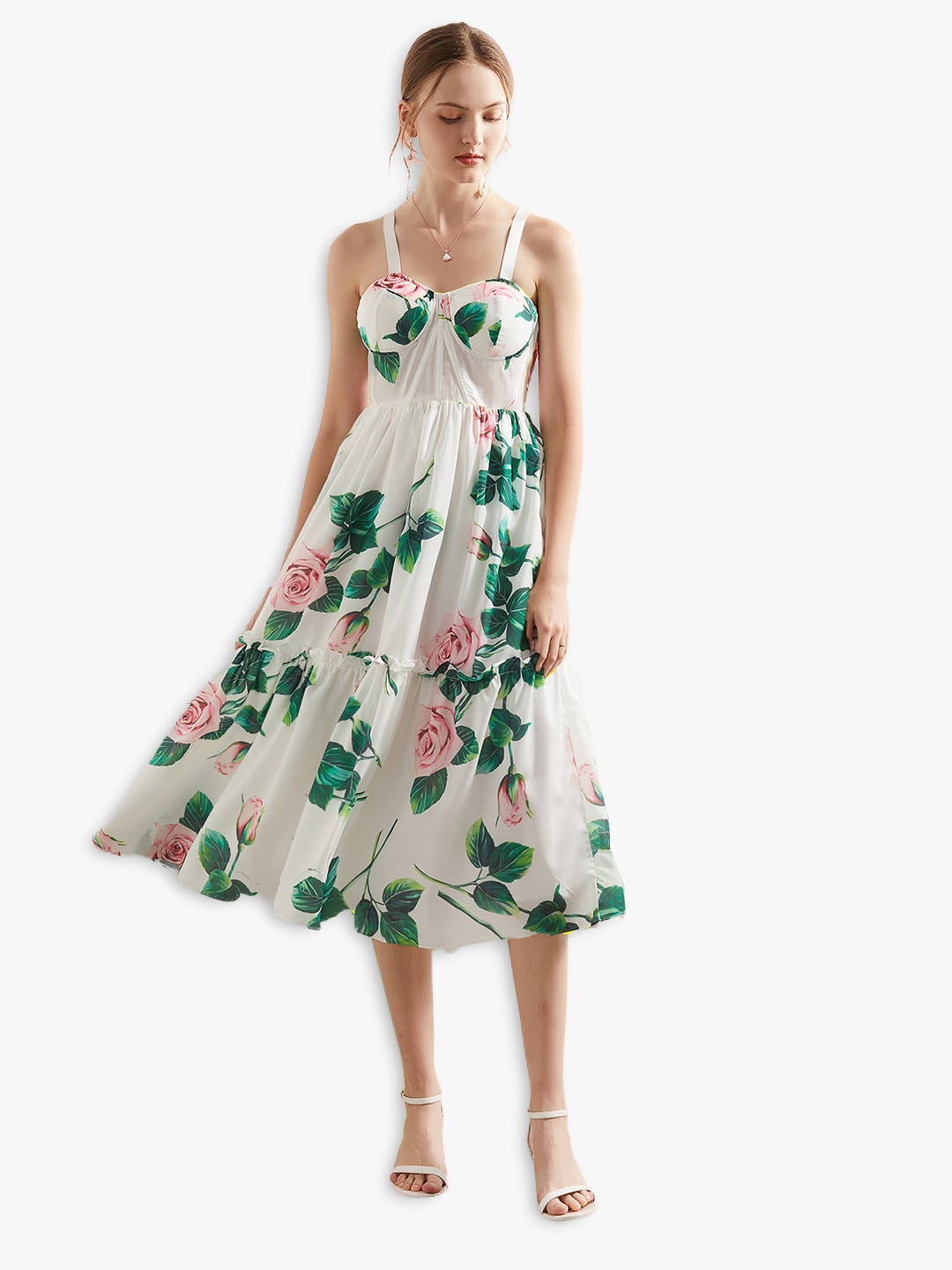 

JC Collection White & Green Floral A-Line Midi Dress