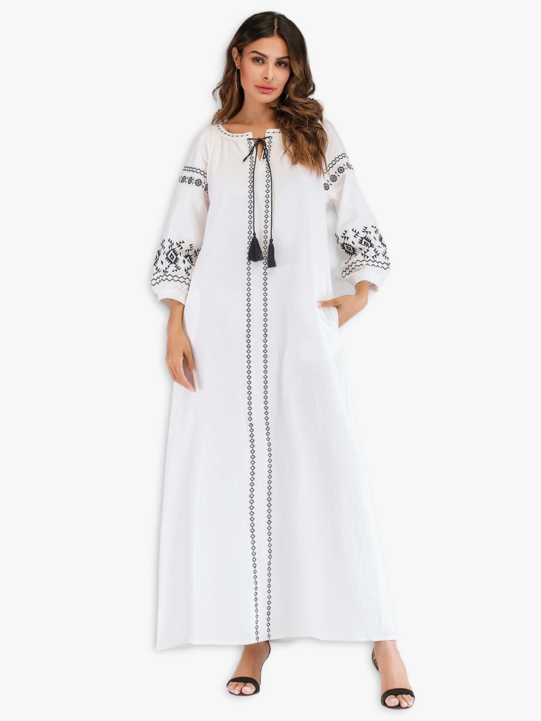 

JC Collection White Ethnic Motifs Tie-Up Neck Maxi Dress