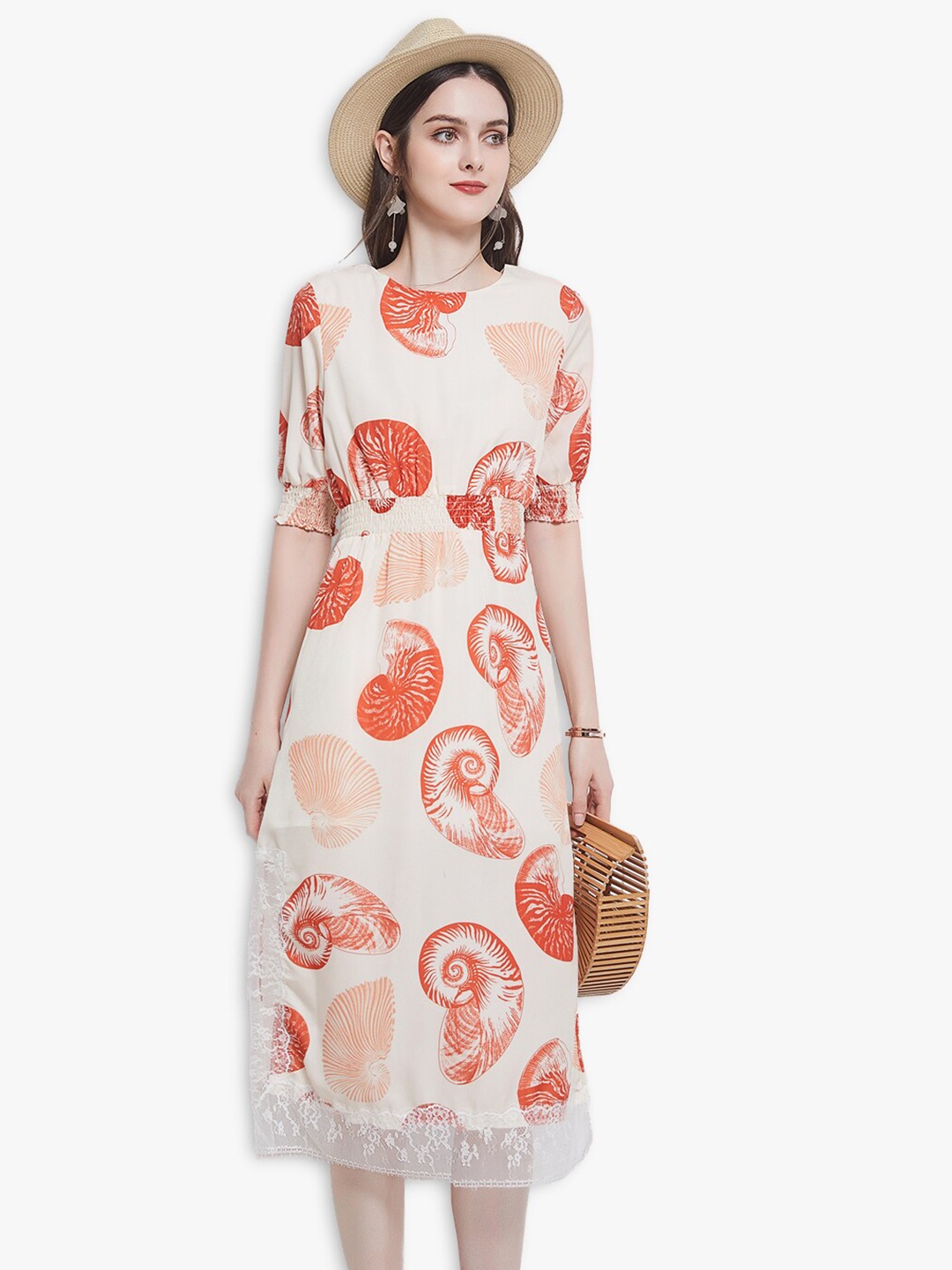 

JC Collection Women Cream-Coloured & Orange Floral Midi Dress