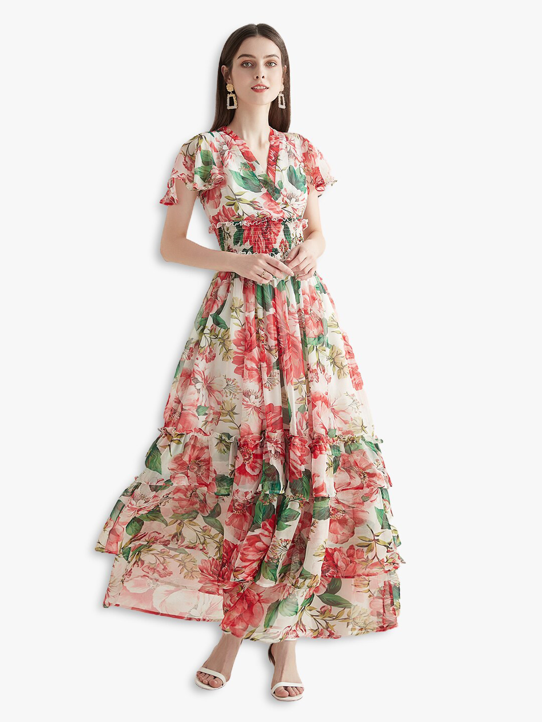 

JC Collection Red & Off White Floral Layered Maxi Dress