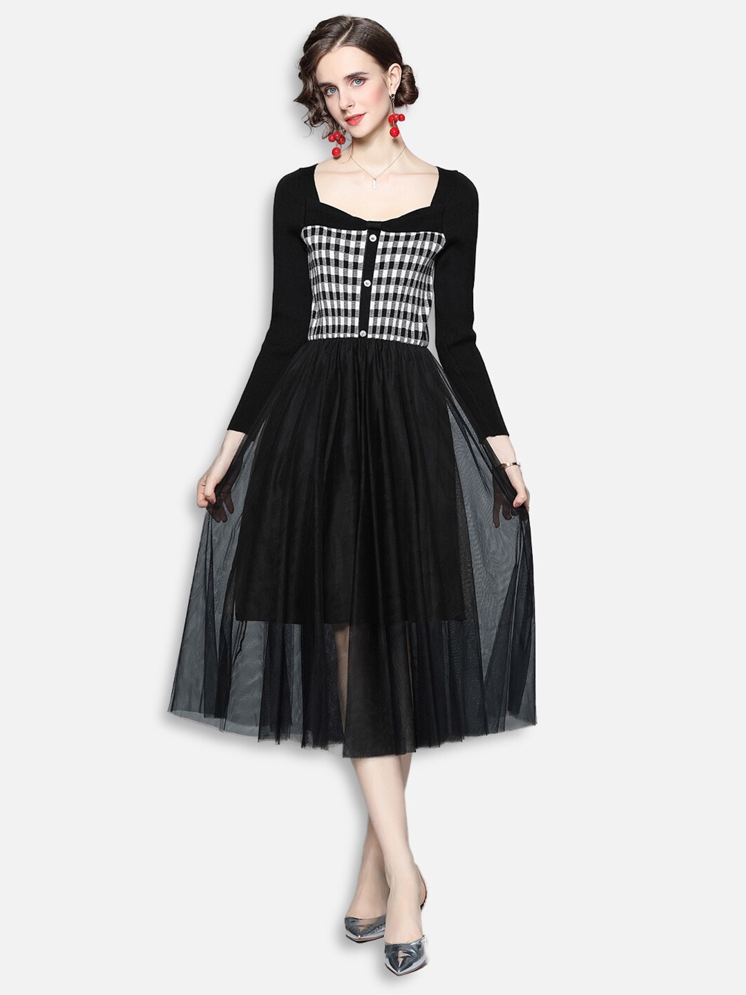 

JC Collection Black & White Checked Layered Midi Dress