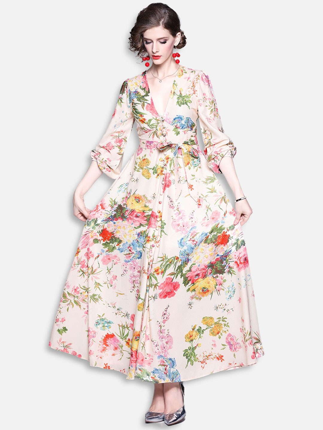 

JC Collection Peach-Coloured & Multicoloured Floral Maxi Dress