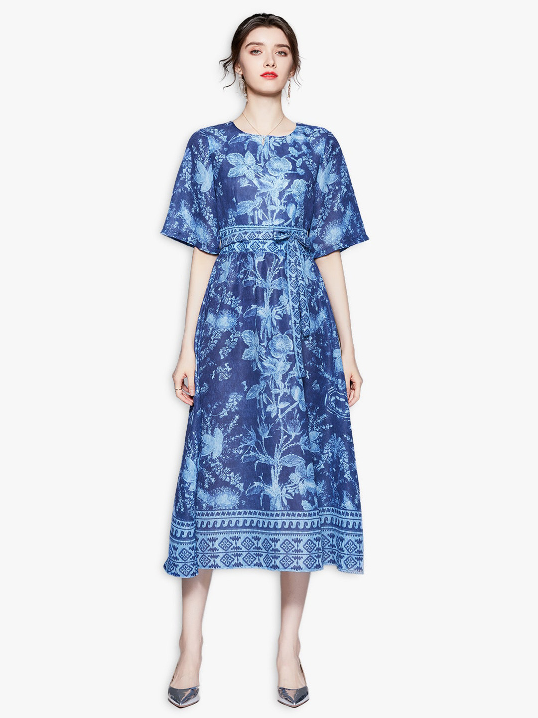 

JC Collection Blue Ethnic Motifs A-Line Midi Dress