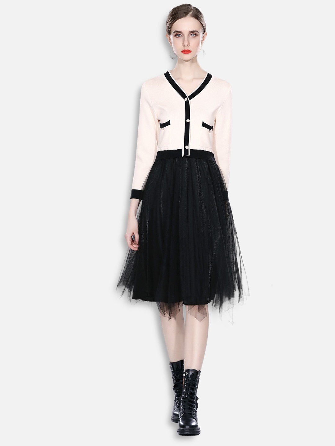 

JC Collection Beige & Black Layered Tulle Dress