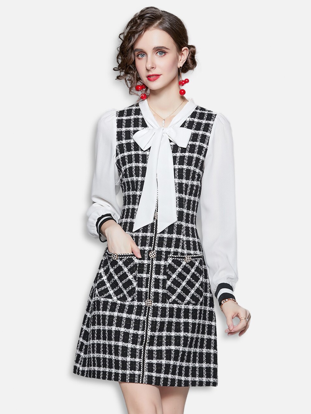 

JC Collection Black & White Checked Tie-Up Neck Mini Dress