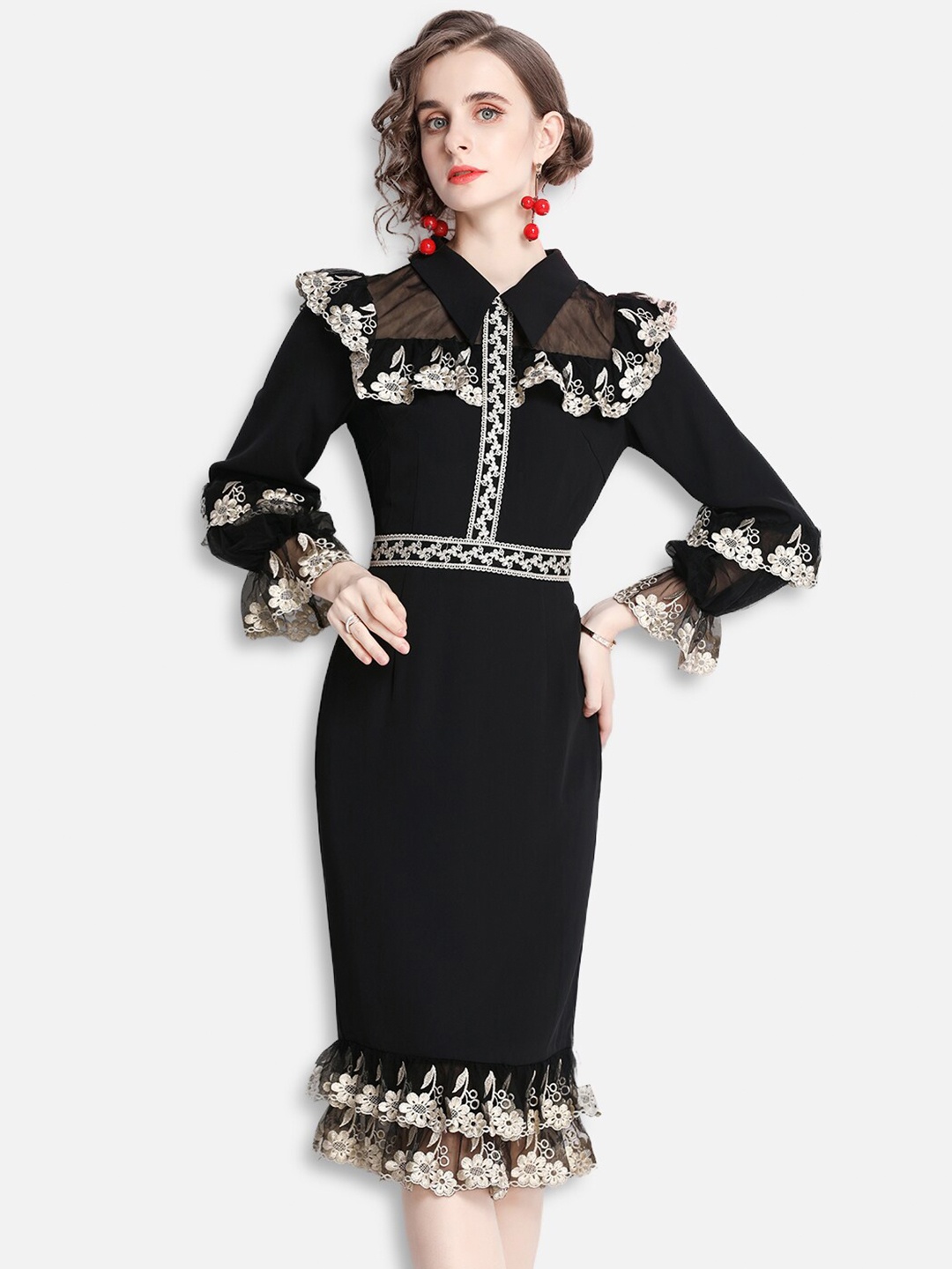 

JC Collection Black Floral Embroidered Shirt Midi Dress