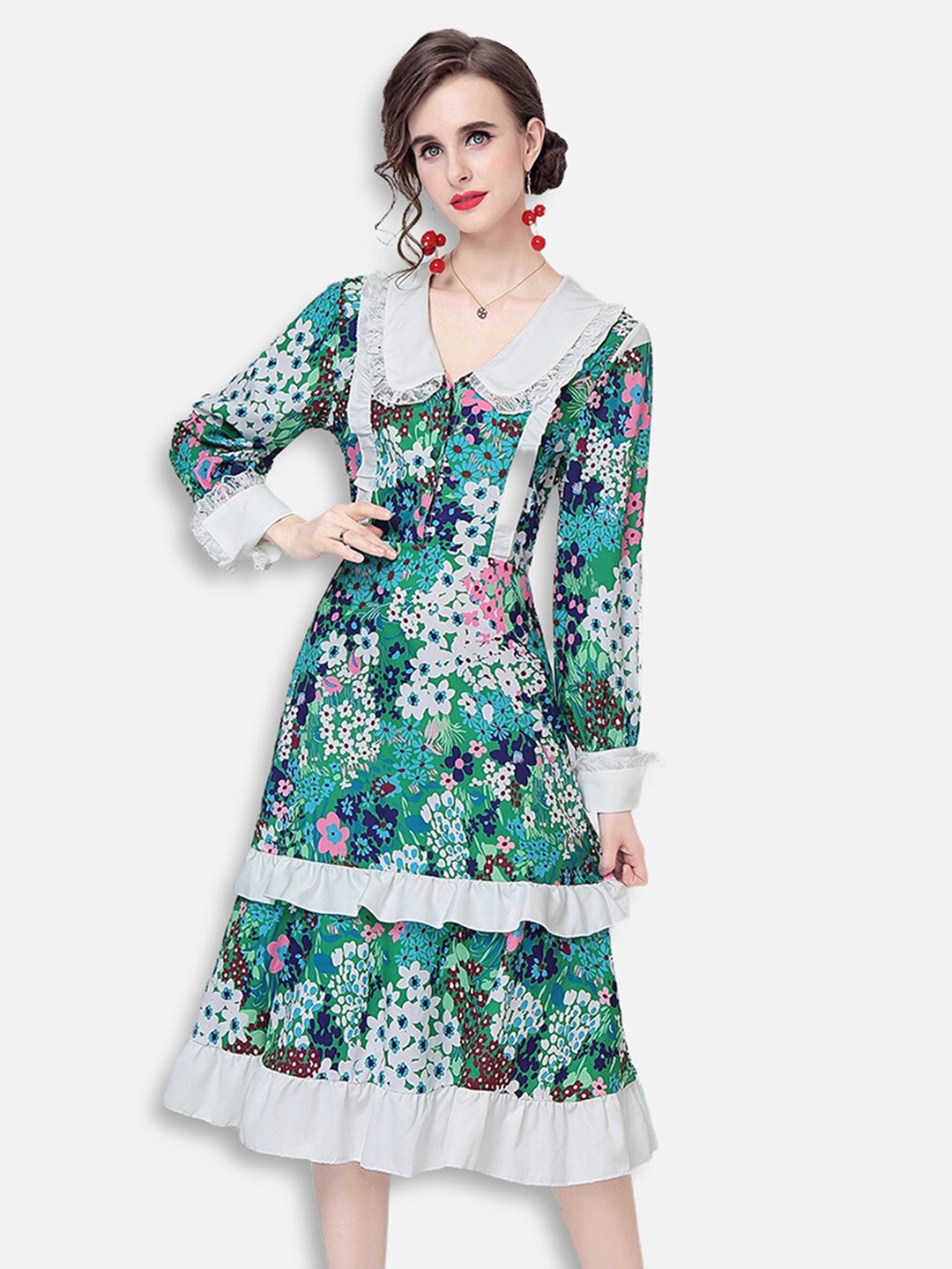 

JC Collection Green & White Floral Peter Pan Collar Dress