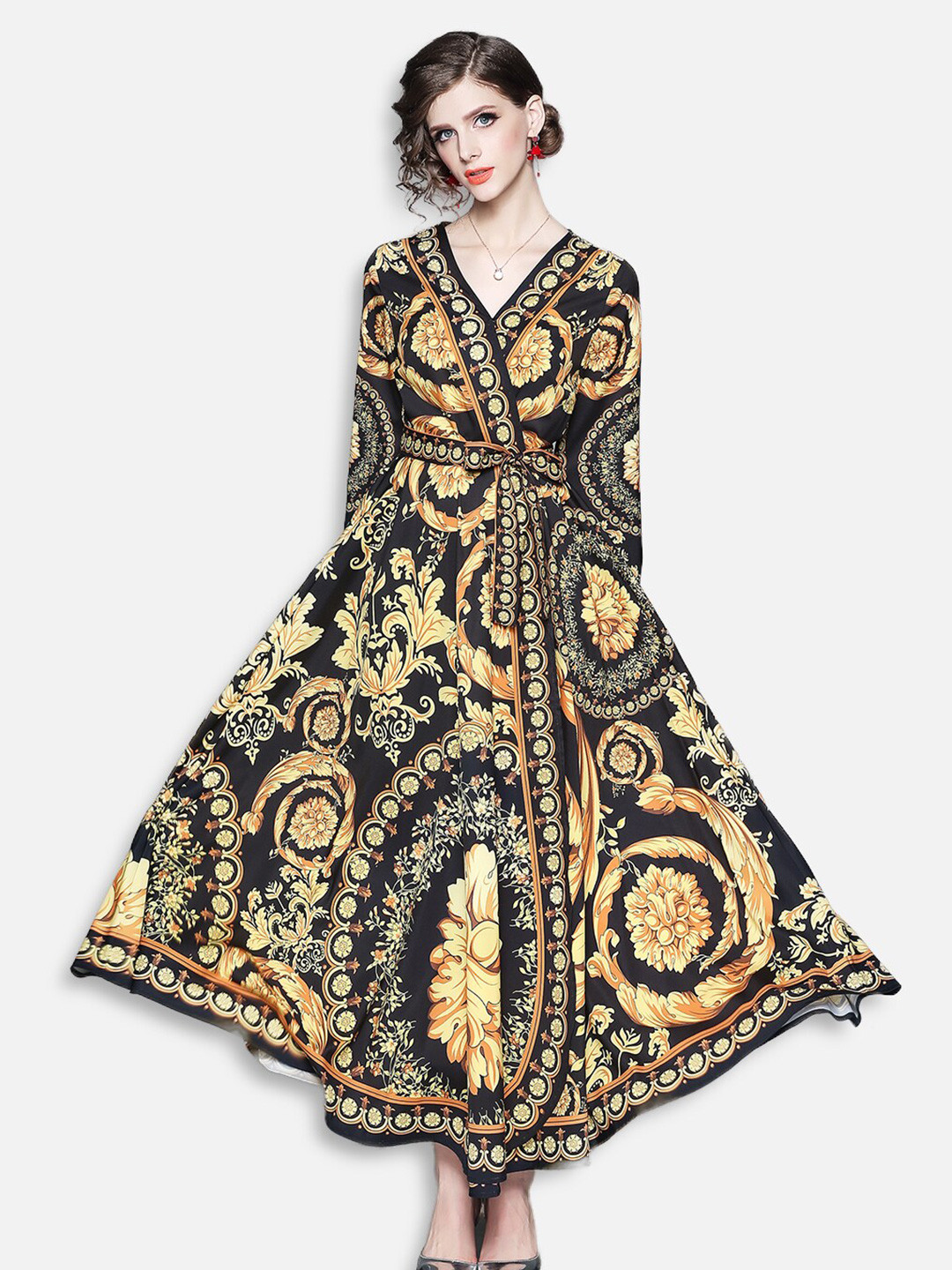 

JC Collection Yellow & Black Floral Sheath Midi Dress
