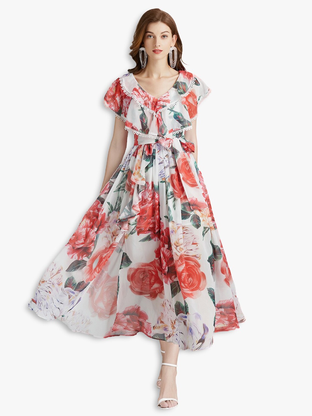 

JC Collection White & Red Floral Layered Maxi Dress