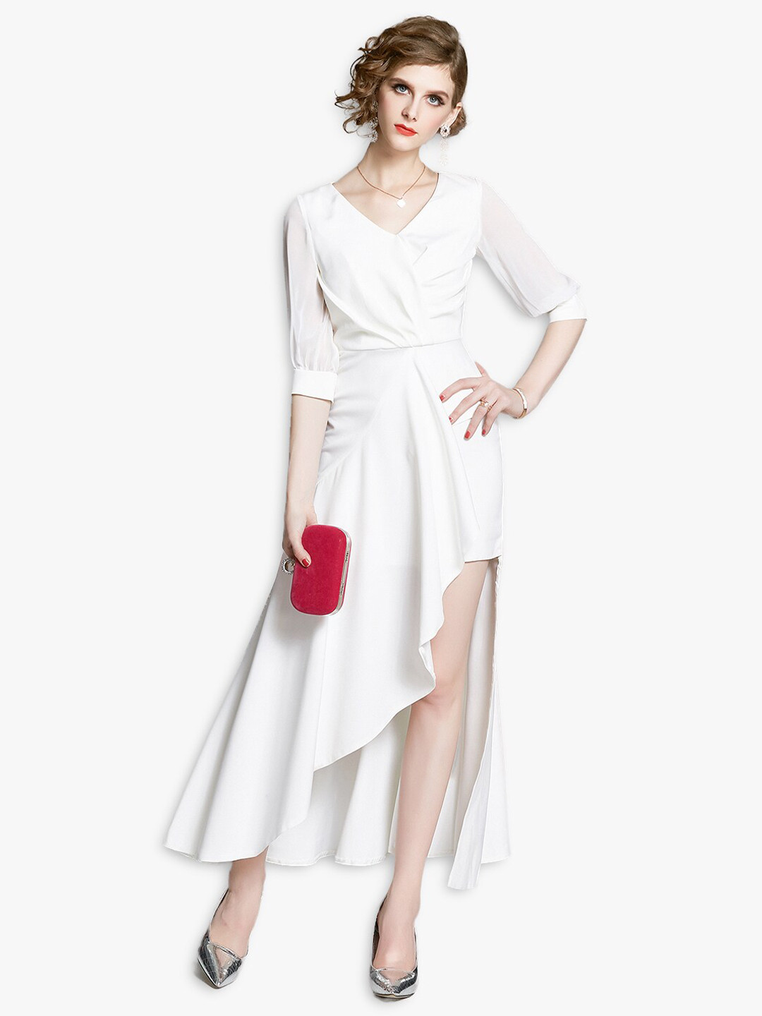 

JC Collection Women White Solid V-neck Maxi Dress