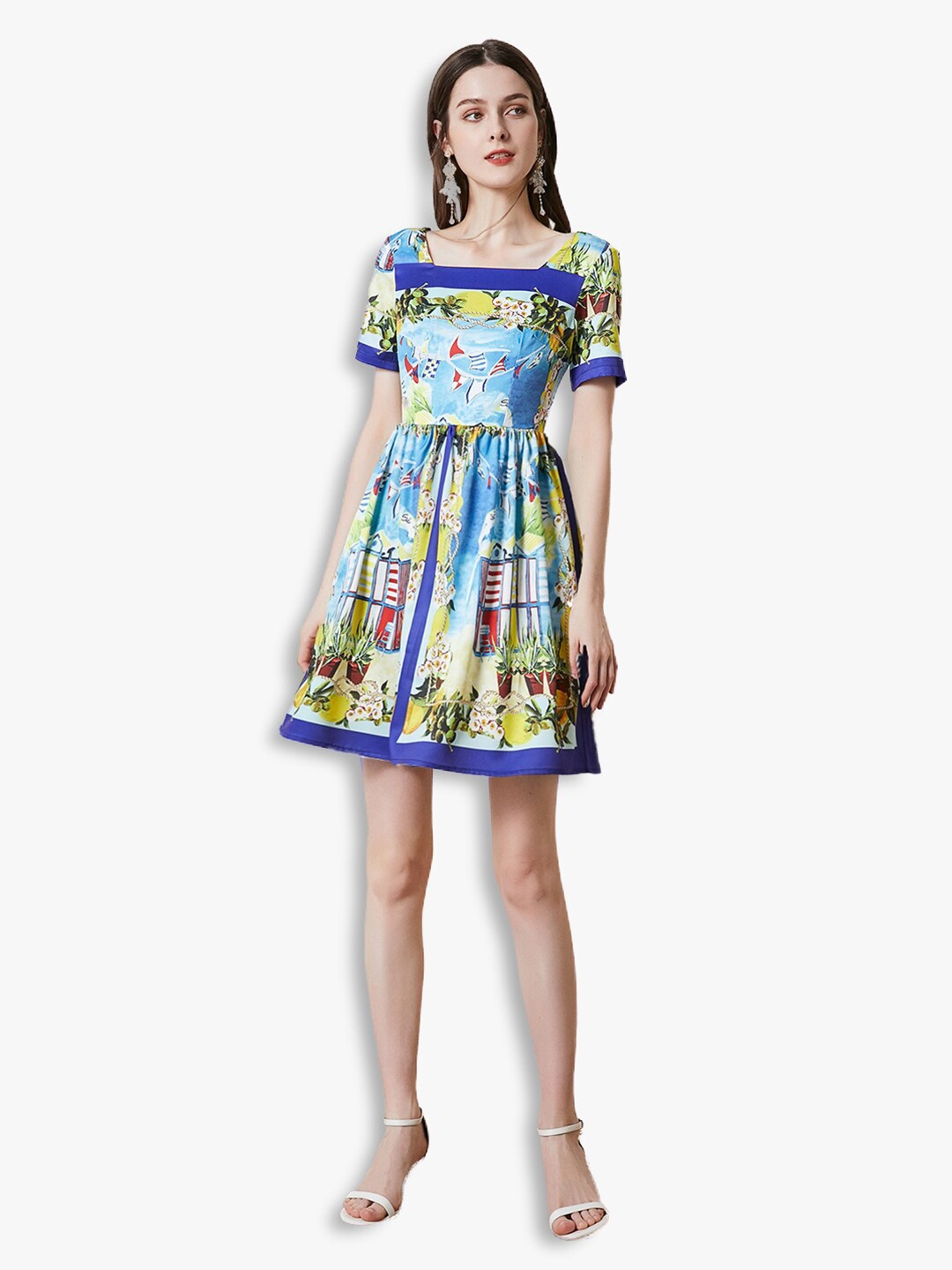 

JC Collection Turquoise Blue & Yellow Printed Dress