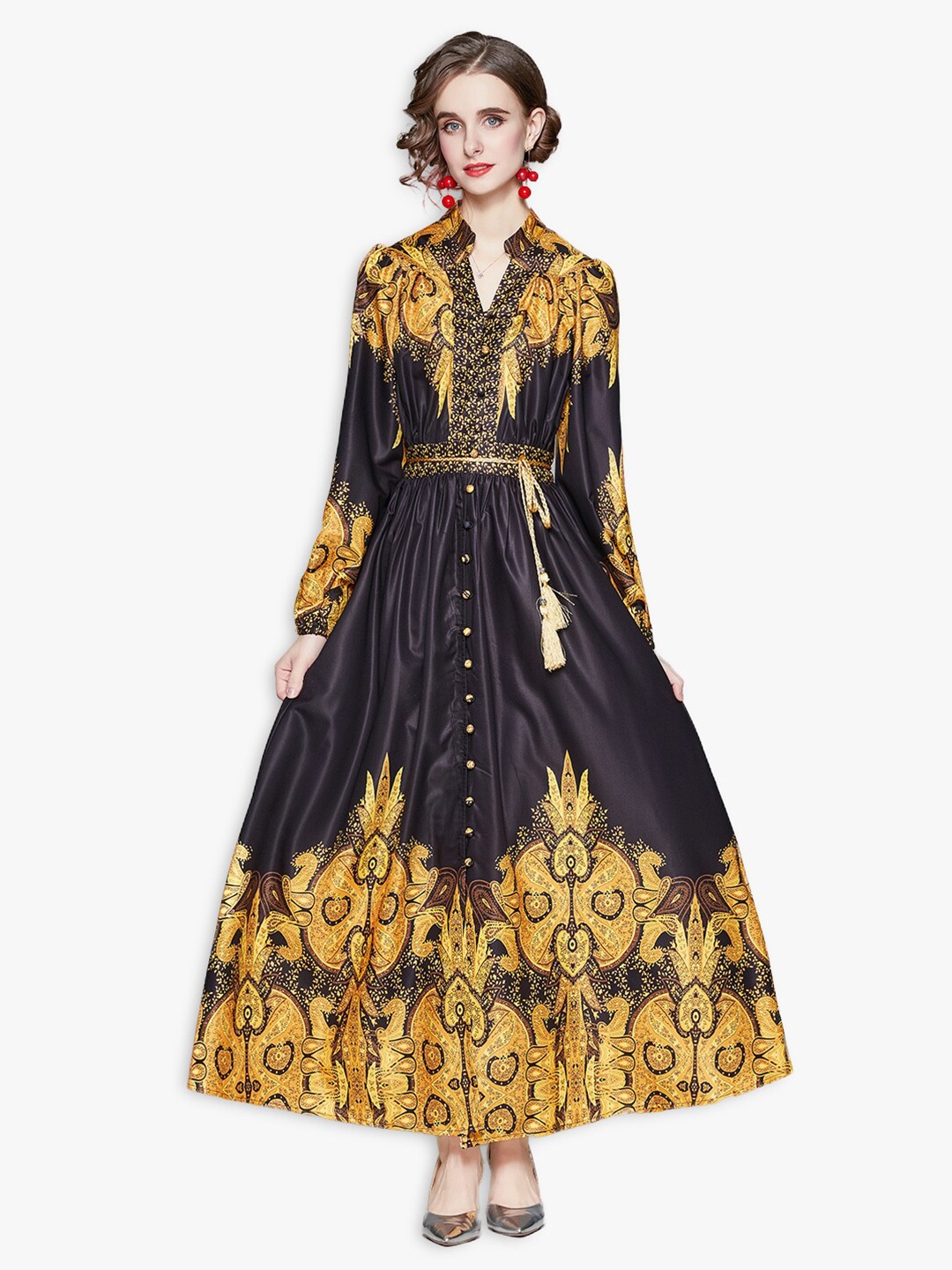 

JC Collection Gold-Toned & Black Ethnic Motifs Maxi Dress