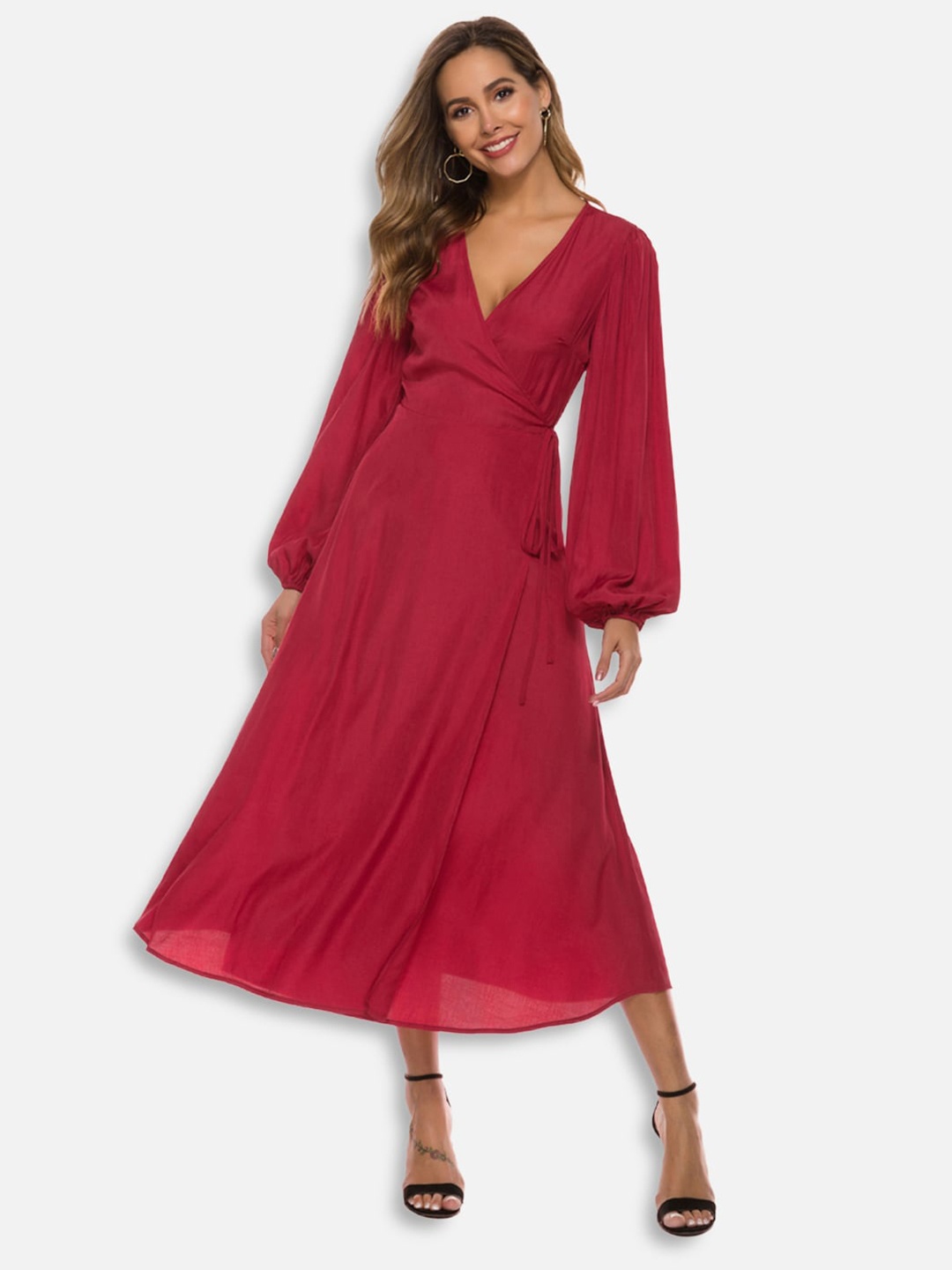 

JC Collection Red Solid Fit & Flare Wrap Dress
