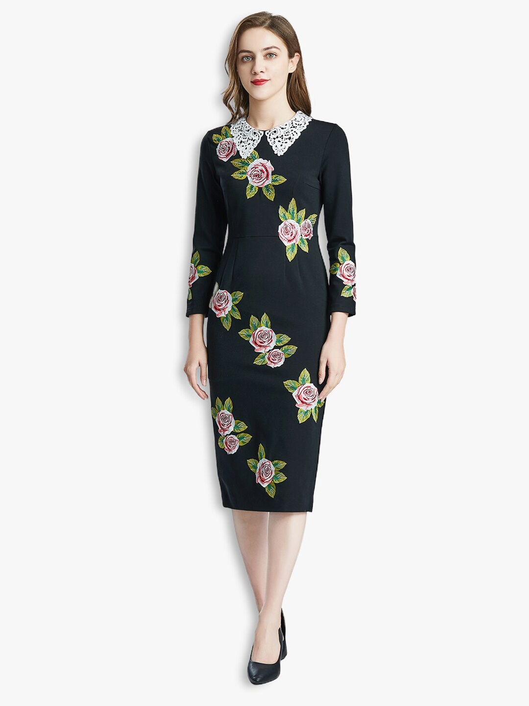 

JC Collection Black Floral Sheath Midi Dress