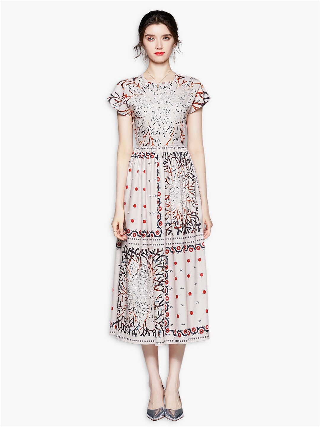 

JC Collection Peach-Coloured & Black Ethnic Motifs Ethnic Midi Dress