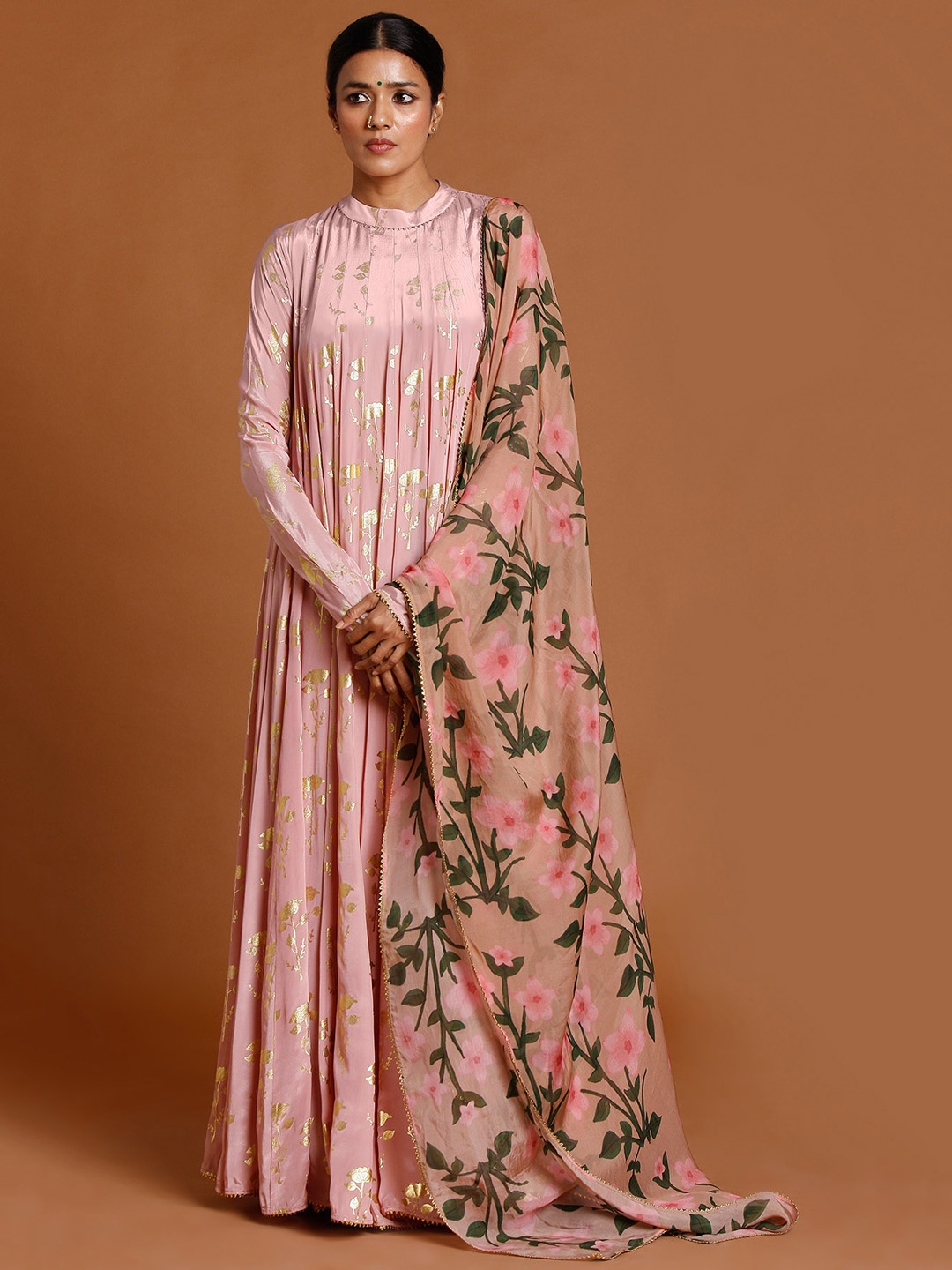 

Masaba Women Beige Floral Embroidered Kurta with Churidar & With Dupatta