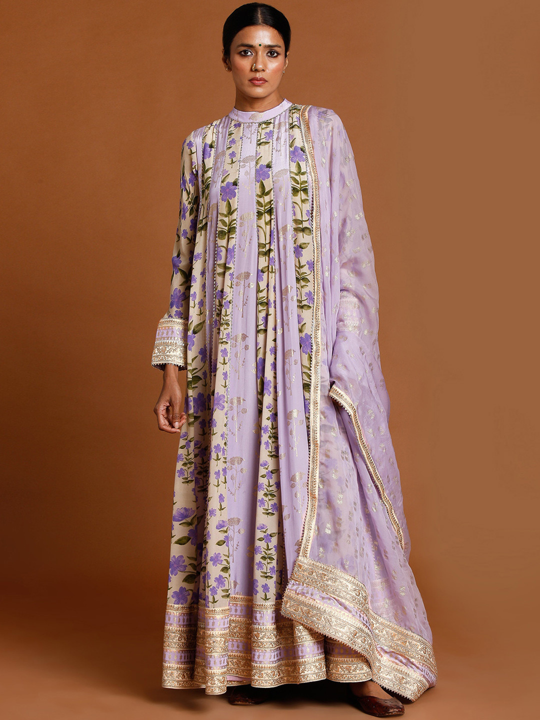 

Masaba Women Lavender Floral Printed Panelled Gotta Patti Kurta with Churidar & With Dupatta