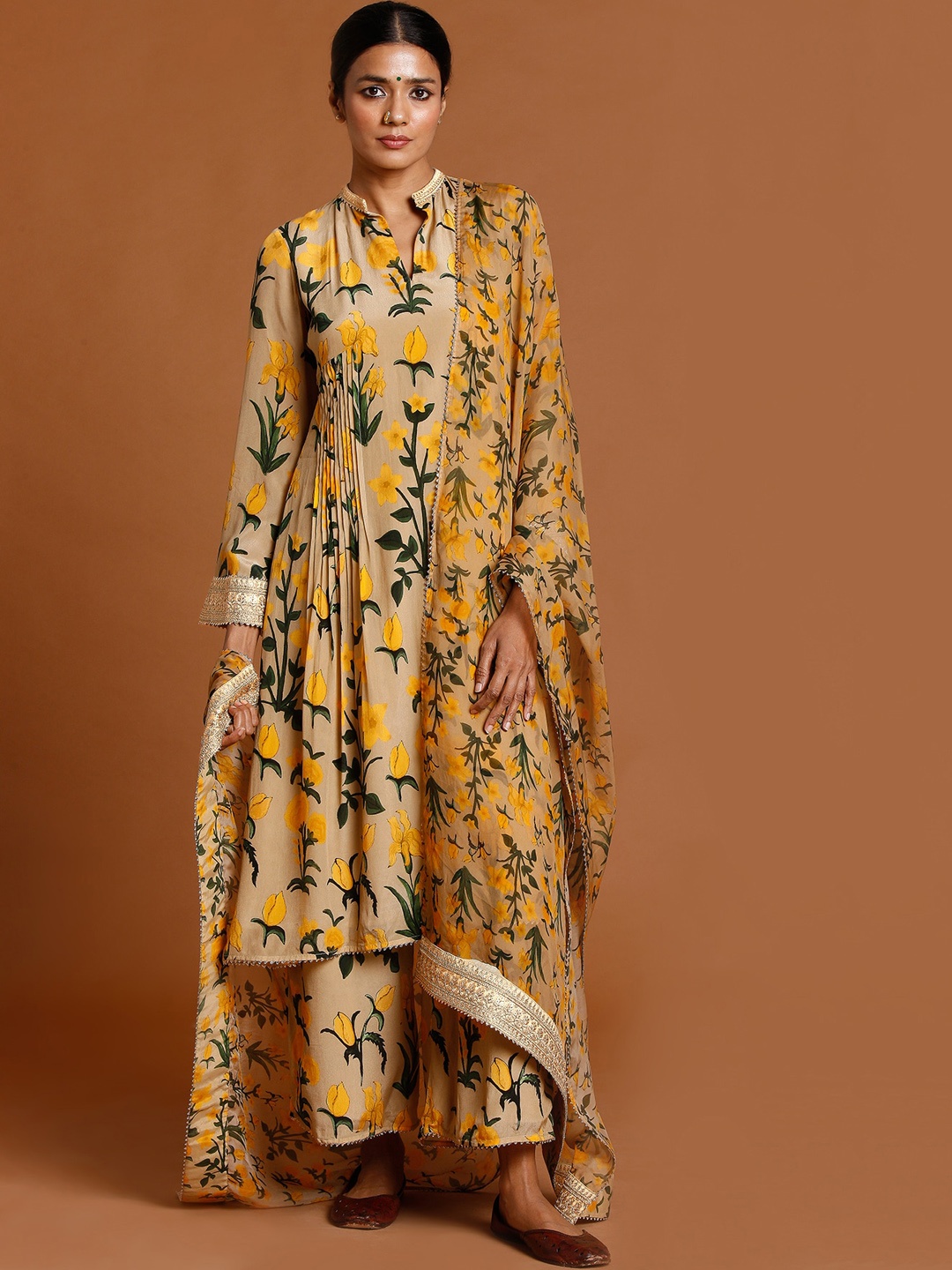 

Masaba Women Beige Floral Printed Pleated Kurta with Palazzos & With Dupatta