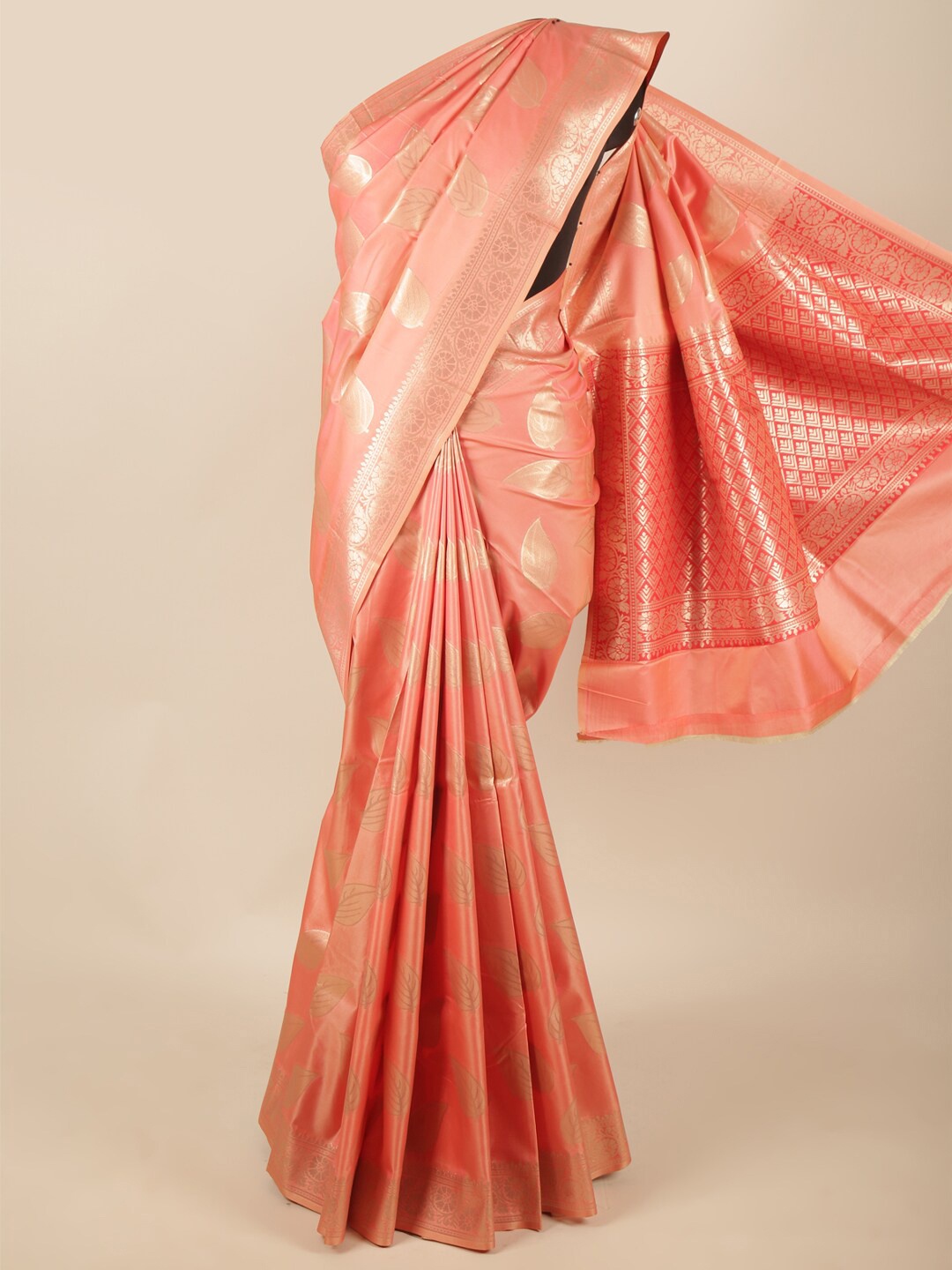 

Pothys Peach-Coloured & Silver-Toned Floral Zari Art Silk Saree