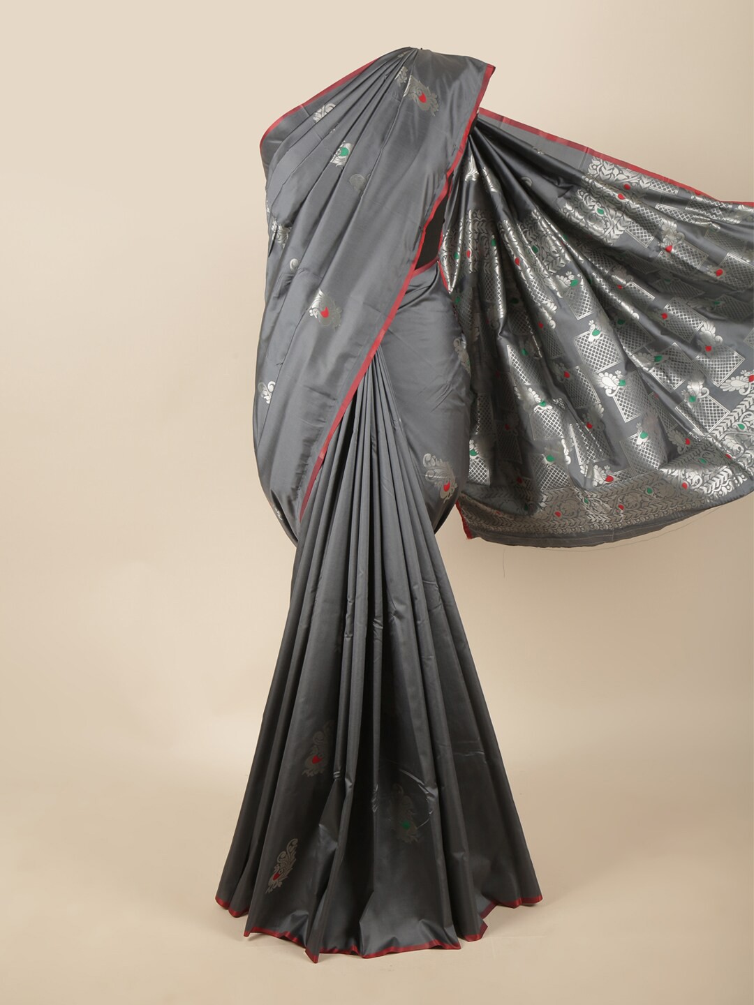 

Pothys Grey & Silver-Toned Ethnic Motifs Zari Art Silk Saree