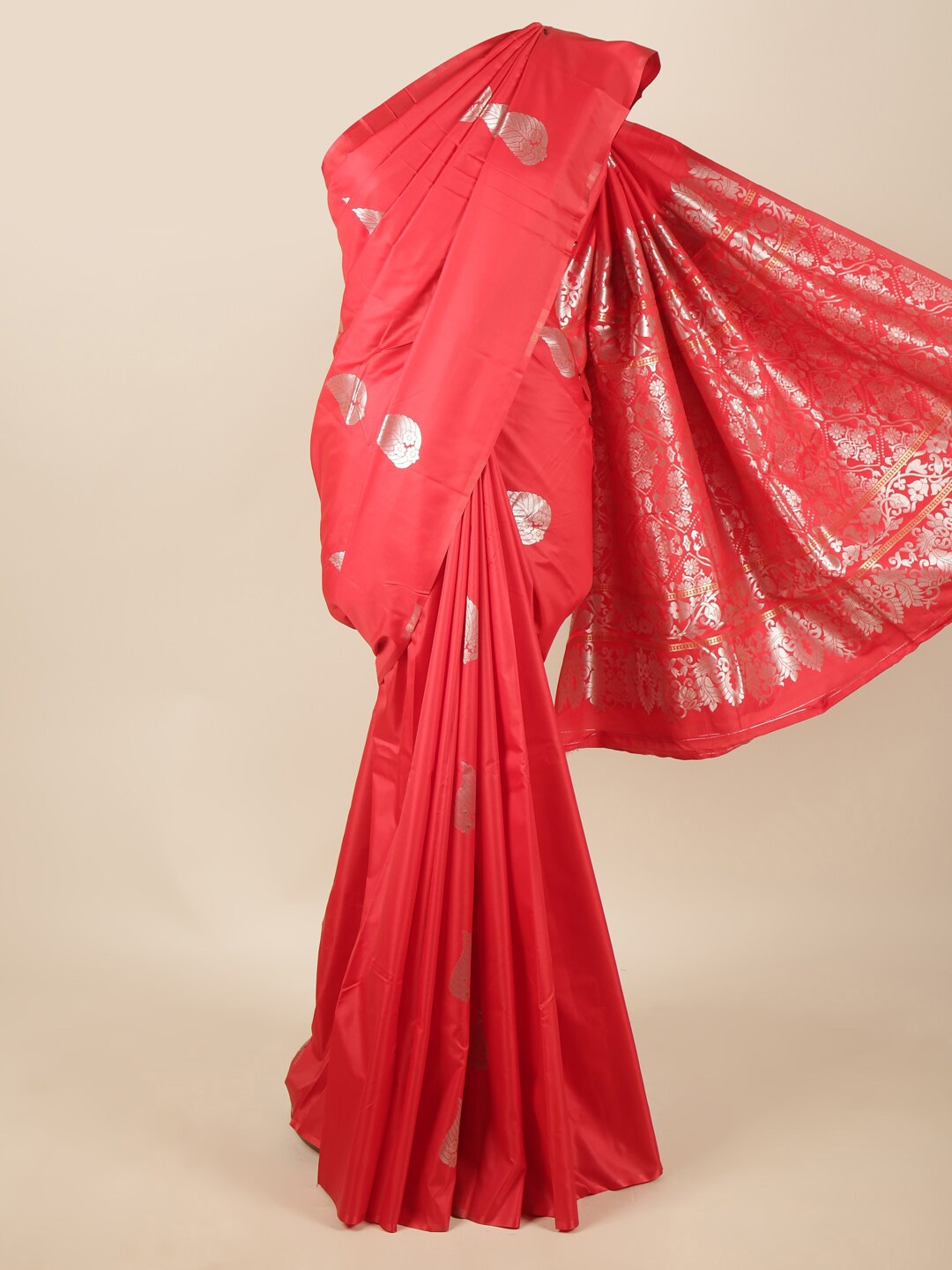

Pothys Red & Silver-Toned Floral Zari Art Silk Saree