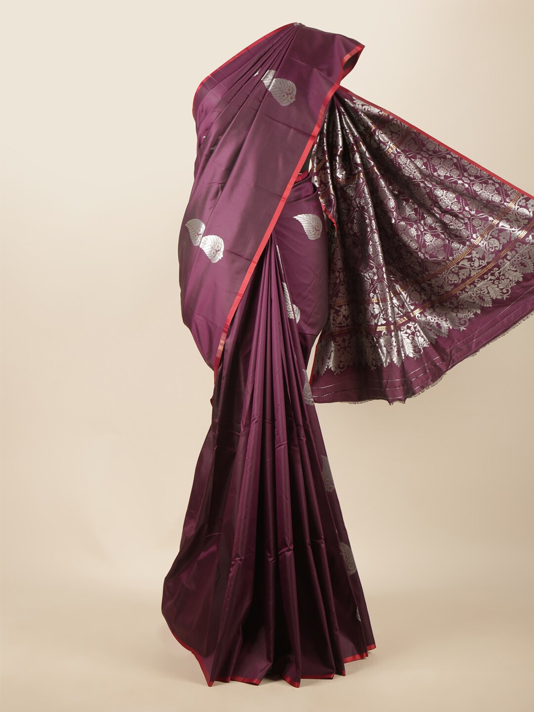 

Pothys Purple & Silver-Toned Ethnic Motifs Zari Art Silk Saree