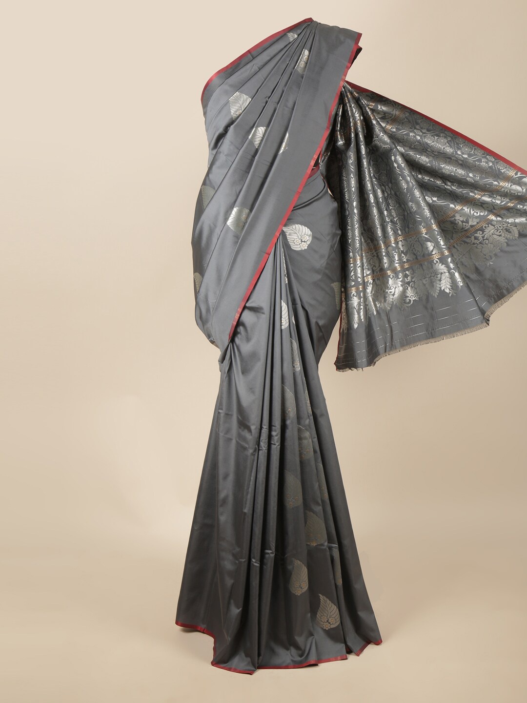 

Pothys Grey & Silver-Toned Floral Zari Art Silk Saree