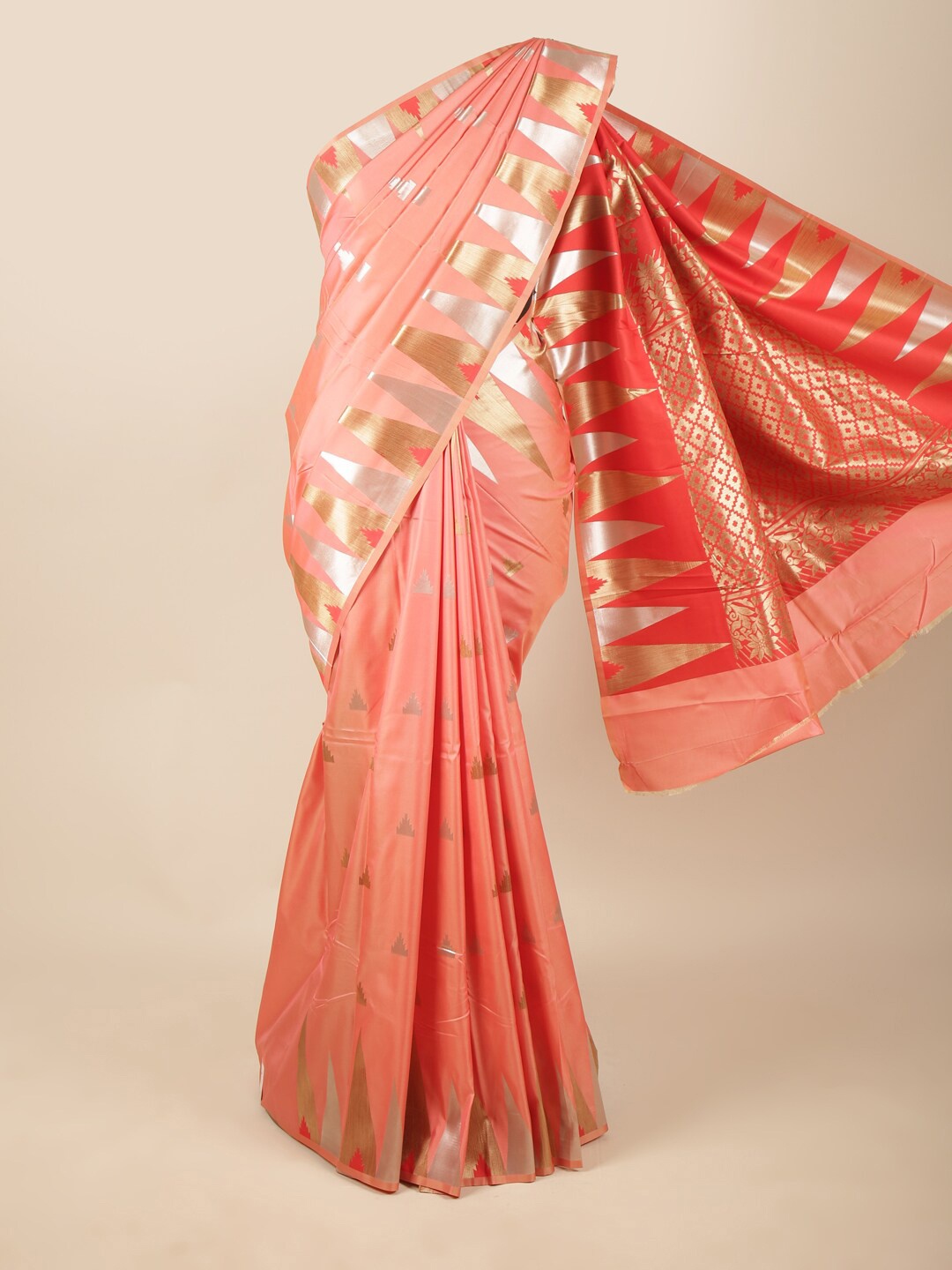 Pothys Coral & Gold-Toned Zari Art Silk Saree