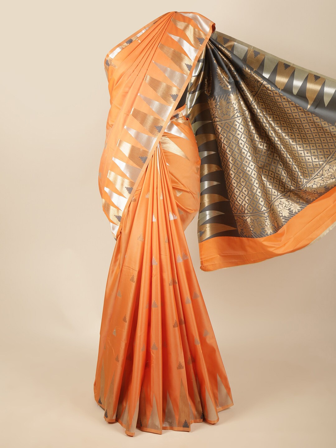 

Pothys Orange & Grey Ethnic Motifs Zari Art Silk Saree