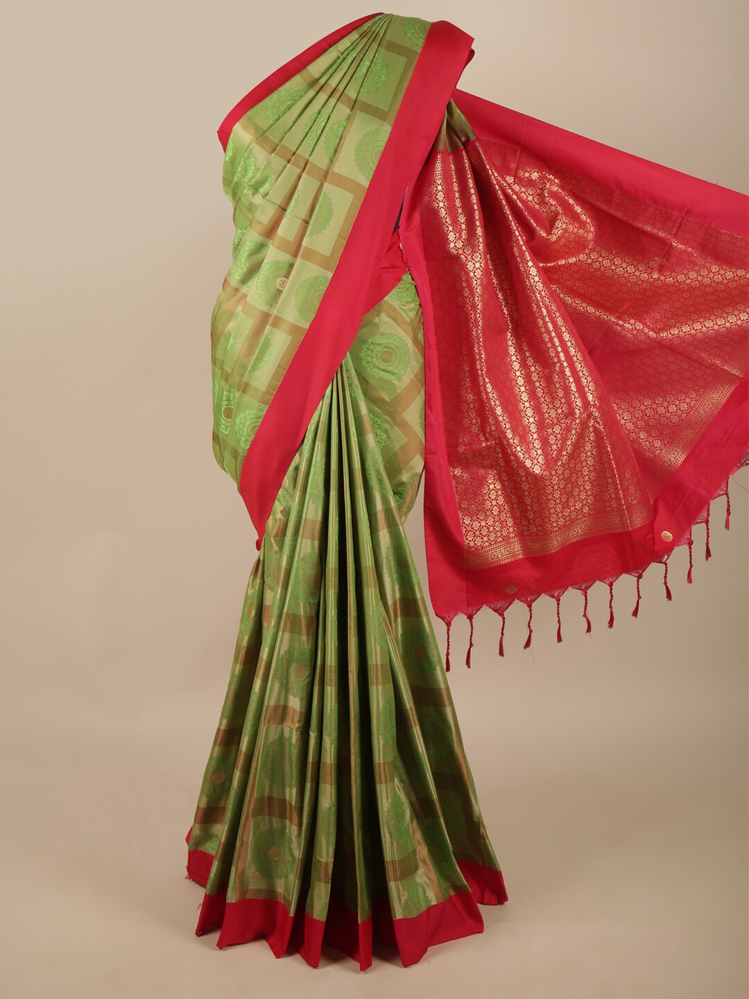 

Pothys Green & Red Ethnic Motifs Zari Art Silk Saree