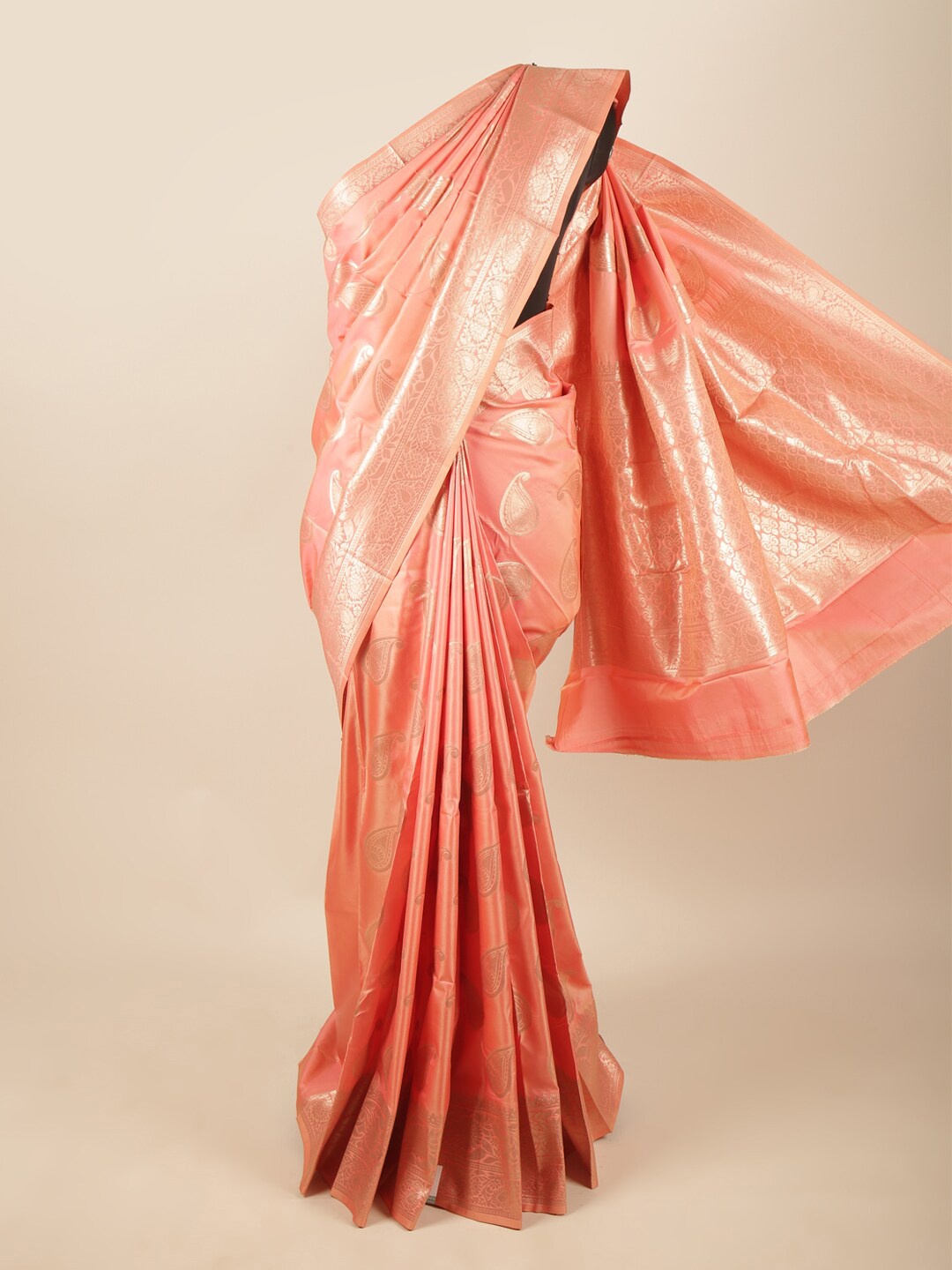 

Pothys Coral & Gold-Toned Paisley Zari Art Silk Saree