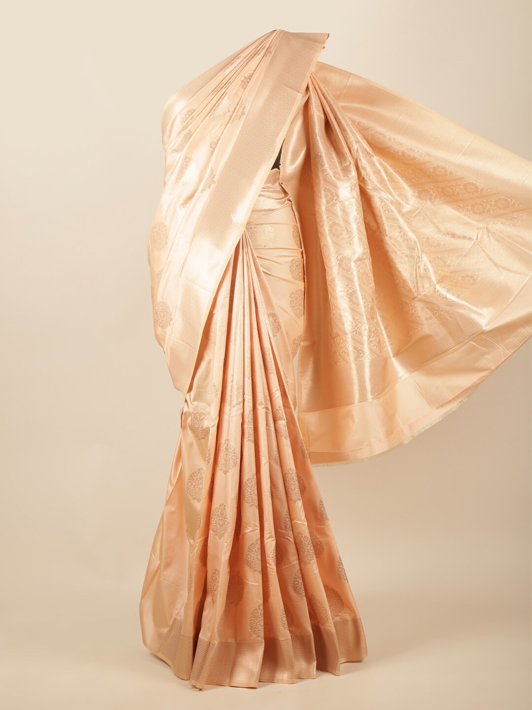 

Pothys Peach-Coloured Ethnic Motifs Woven Design Butter Silk Saree