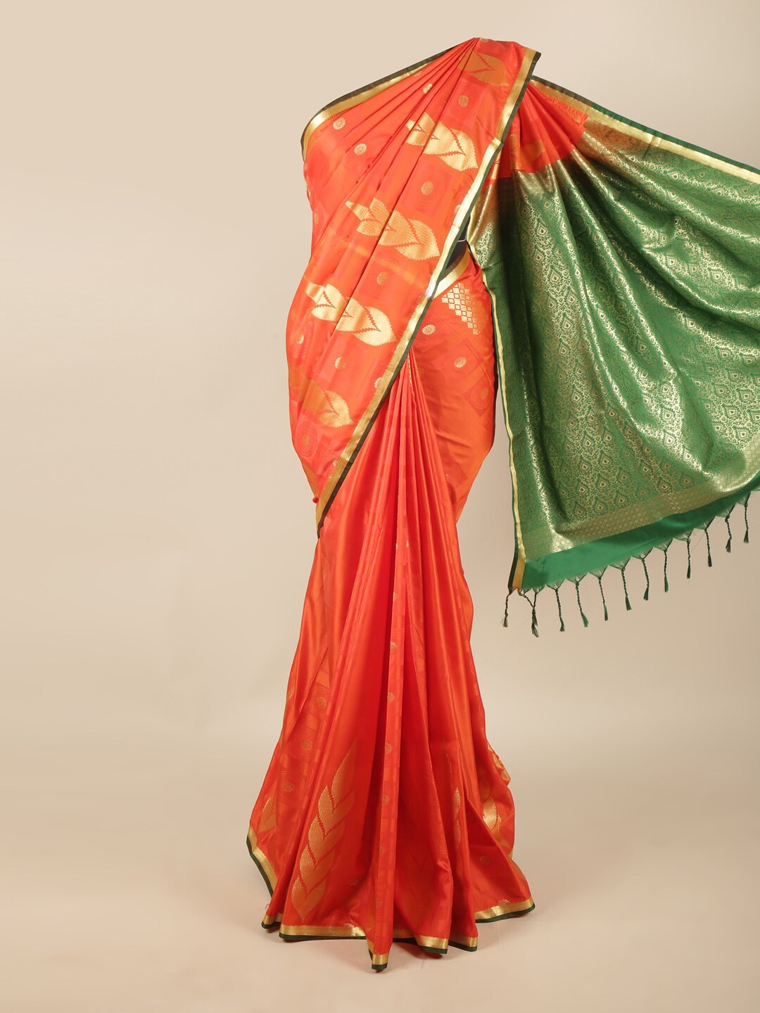 

Pothys Orange & Green Ethnic Motifs Zari Art Silk Saree