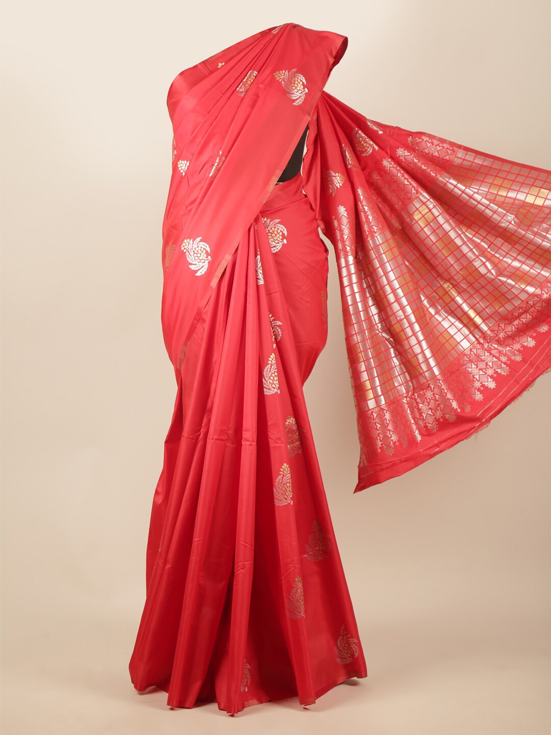 

Pothys Red & Silver-Toned Floral Zari Art Silk Heavy Work Saree