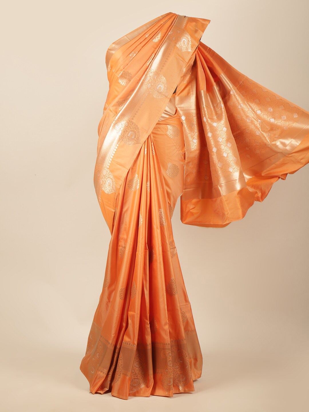 

Pothys Orange & Gold-Toned Ethnic Motifs Zari Art Silk Saree