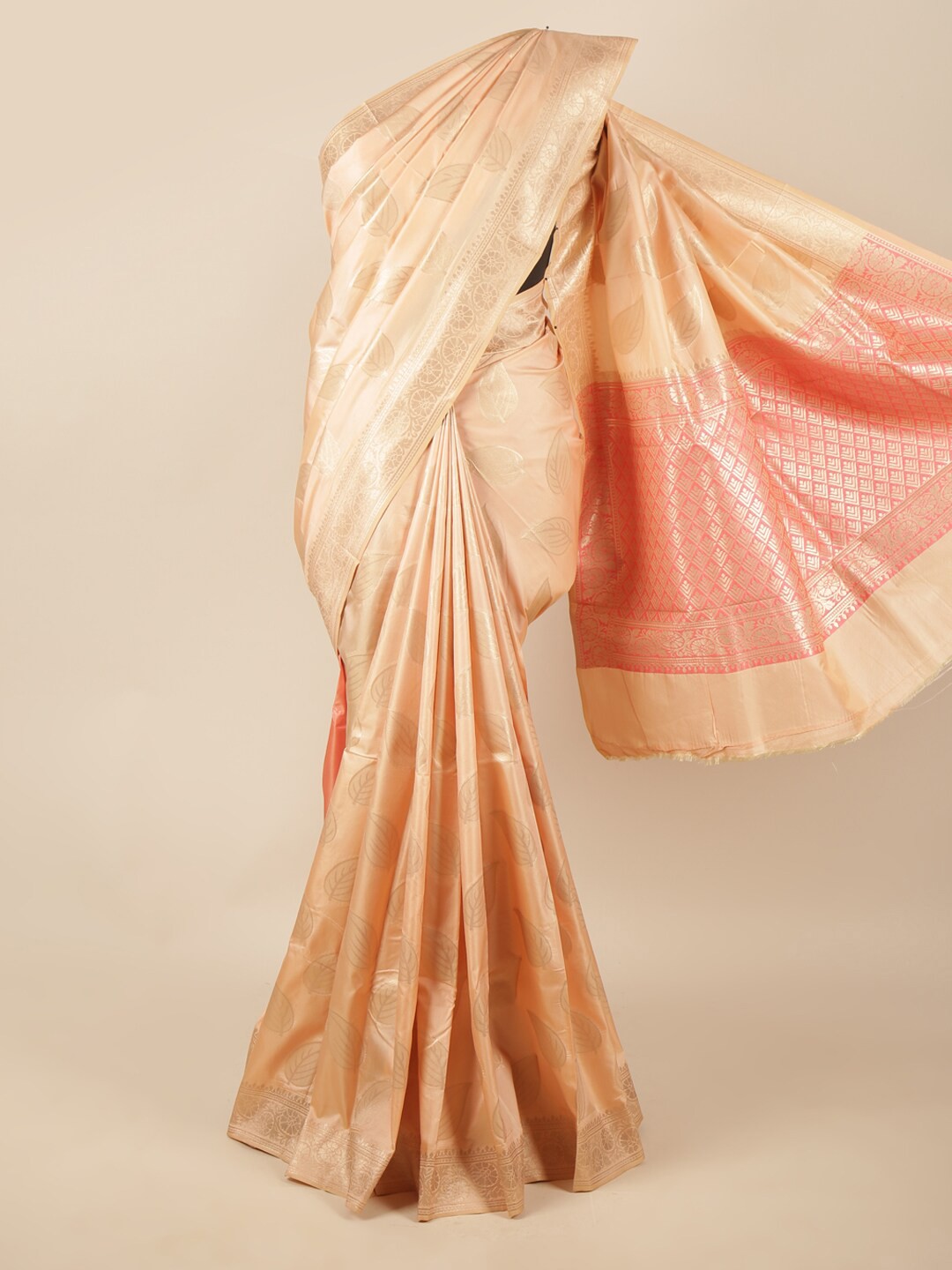 

Pothys Peach-Coloured & Gold-Toned Floral Zari Art Silk Saree