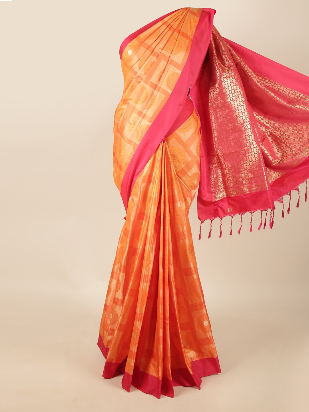 

Pothys Orange & Fuchsia Ethnic Motifs Zari Art Silk Saree