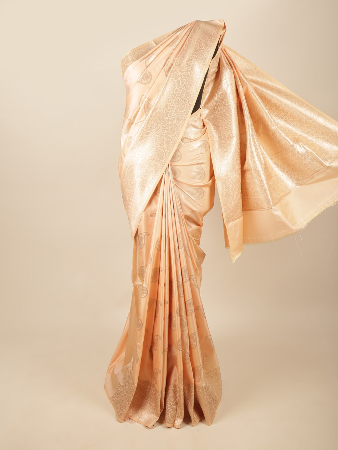 

Pothys Peach-Coloured & Silver-Toned Woven Design Zari Art Silk Saree