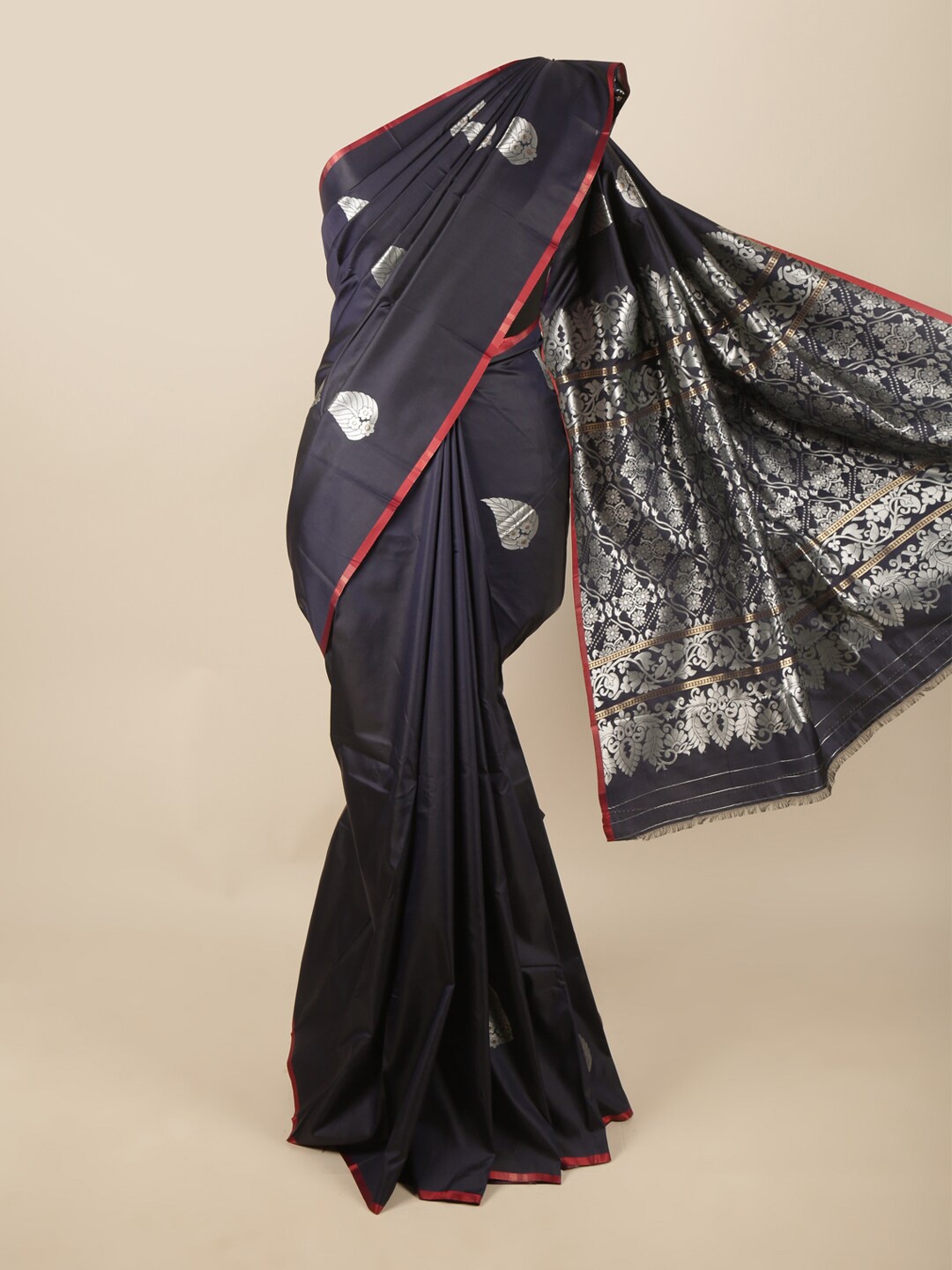 

Pothys Blue Ethnic Motifs Woven Design Butter Silk Saree, Navy blue