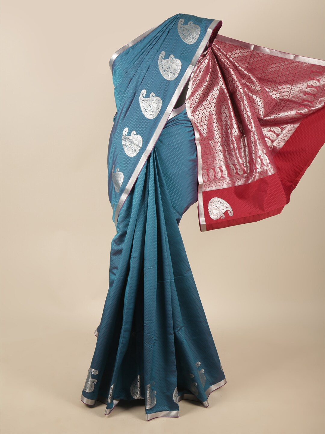 

Pothys Blue & Silver-Toned Ethnic Motifs Zari Art Silk Saree
