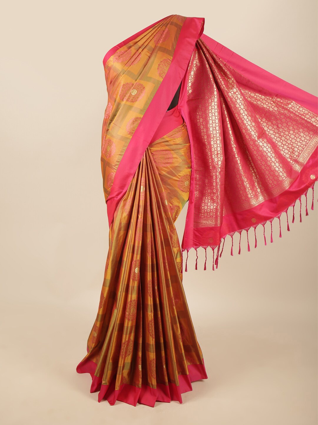 

Pothys Mustard & Fuchsia Ethnic Motifs Zari Art Silk Saree